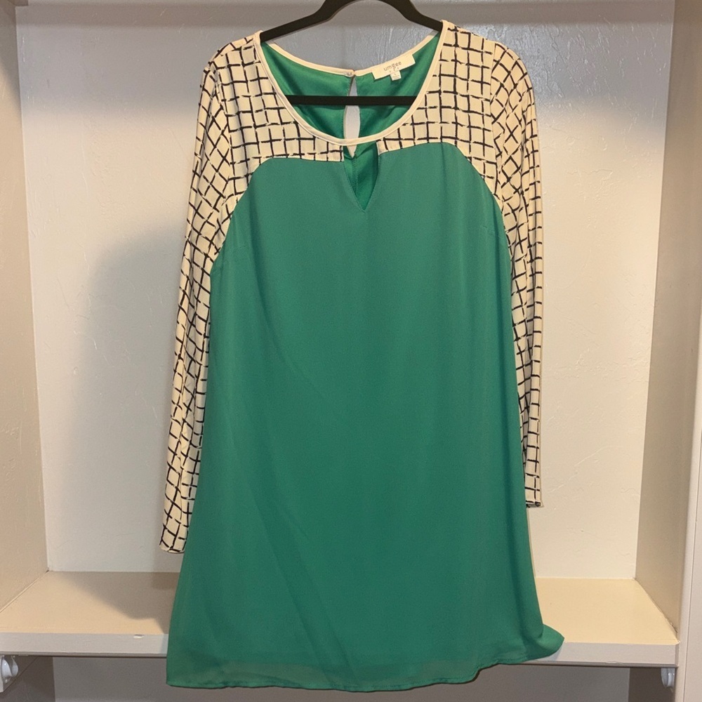 Umgee Teal Shift Dress with Printed Ivory & Black Sleeves